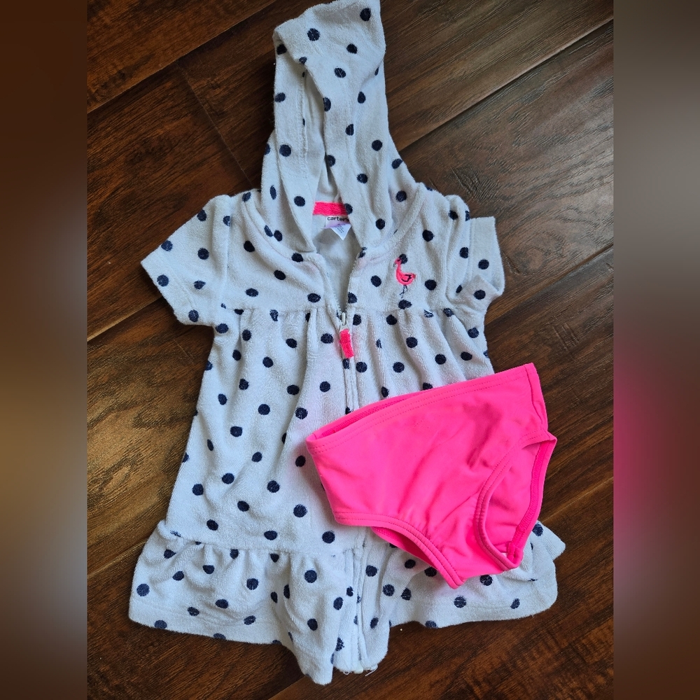 🏖 Carters Polka Dot Terry Cloth Swim Cover Up And Hot Pink Bikini Bottom 6 Mo